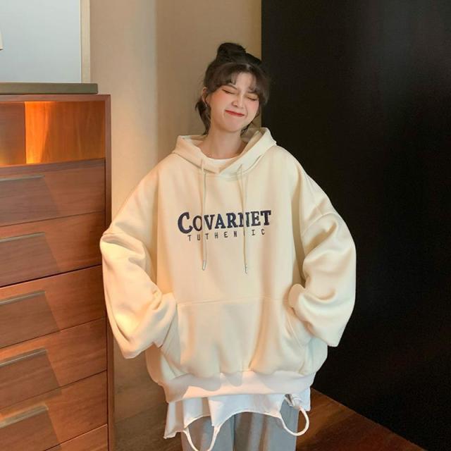 Voguable Autumn Winter Girl Korean Version Oversized Hoodies Street Style Letter Embroidery Sweatshirt Fleece Thick Pullover Tops Femmes voguable